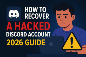 How to recover a hacked Discord account with security warning illustration in 2026