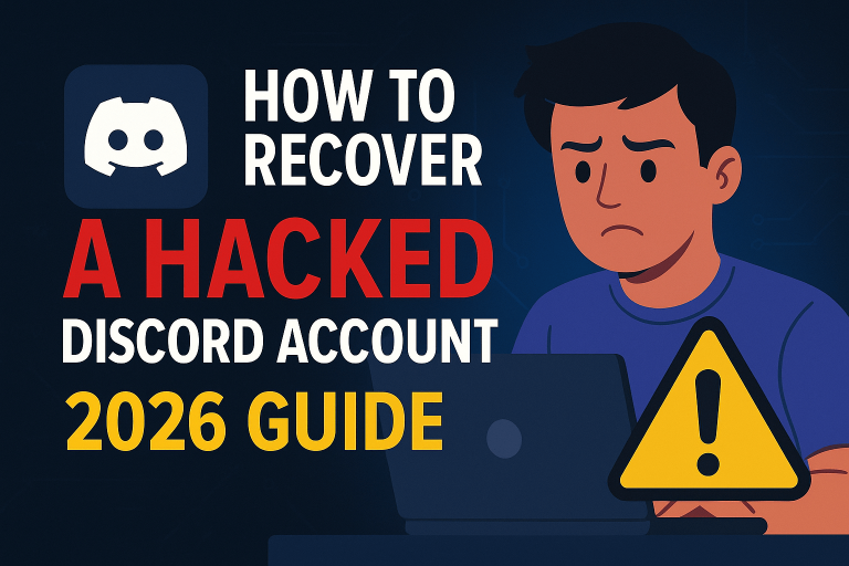 How to recover a hacked Discord account with security warning illustration in 2026