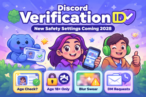 Alt text (English): Colorful illustration explaining Discord verification ID and teen-by-default safety settings, showing age check, blurred sensitive content, 18+ only spaces, and DM requests.