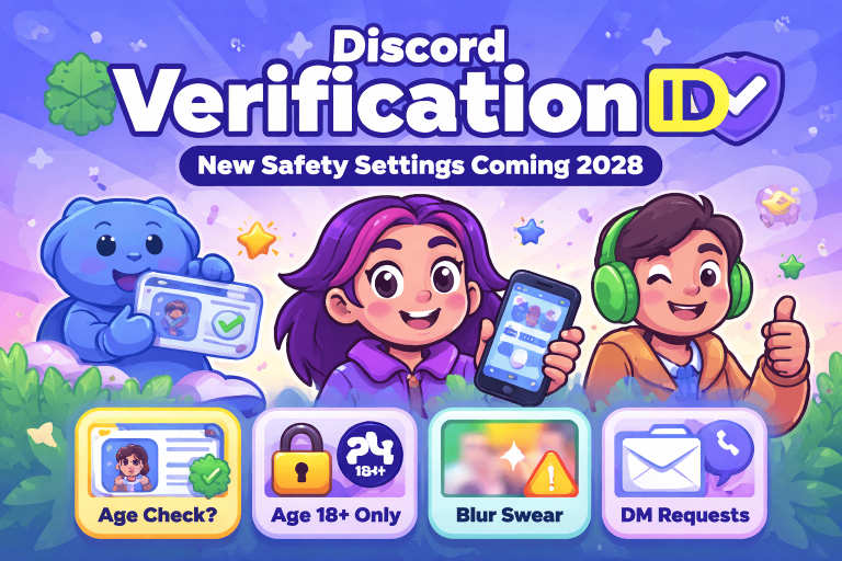 Alt text (English): Colorful illustration explaining Discord verification ID and teen-by-default safety settings, showing age check, blurred sensitive content, 18+ only spaces, and DM requests.