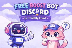 Cute minimal Discord-style illustration with a friendly robot and pink cat under the title “Free Boost Bot Discord – Is It Really Free?”