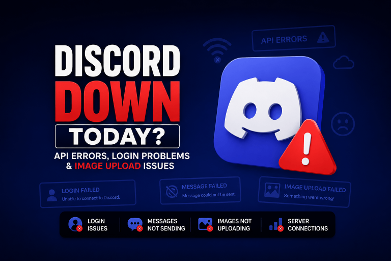 Discord down today graphic showing API errors, login problems, and image upload issues affecting users worldwide.