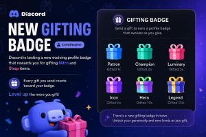Discord new Gifting Badge experiment showing Patron, Champion, Luminary, Icon, Hero and Legend levels.