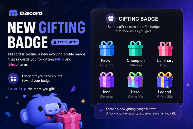 Discord new Gifting Badge experiment showing Patron, Champion, Luminary, Icon, Hero and Legend levels.