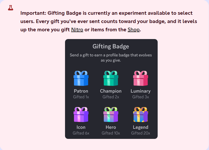 Discord experimental Gifting Badge levels including Patron, Hero and Legend
